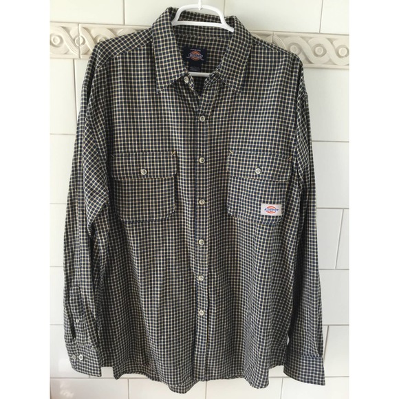 Dickies Teal and Gold Plaid 100% Cotton Lightweight Flannel Shirt L - Picture 1 of 4